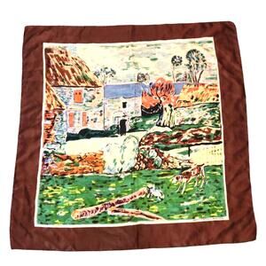 Vintage Silk Scarf Adaptation of Paul Gauguin's Ferme au Pouldu Brown Green Blue